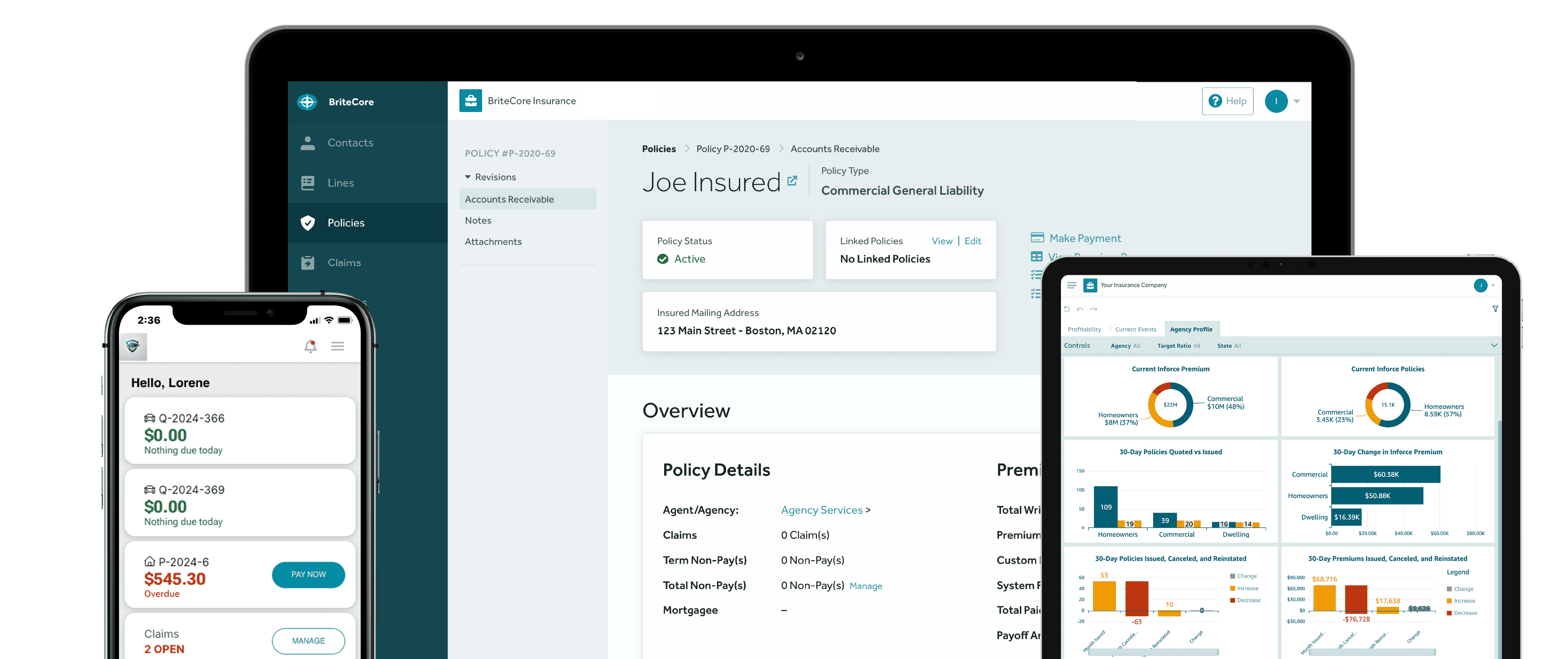 image of 3 screens, tablet, mobile and desktop showing the britecore product